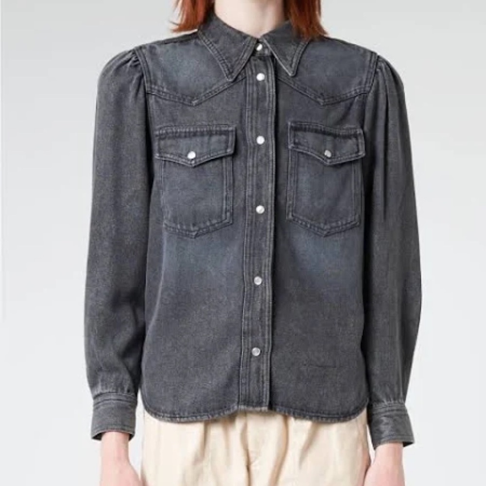 Isabel Marant Etoile Tahisse Gray Denim Shirt Shacket Size 36 Pearl Button Snap